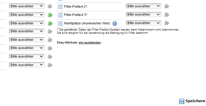 Mit der Schaltfläche Ebay-Attribute ein / ausschalten, beginnen Sie mit der Zuweisung der Attribute für das automatische Einstellen Ihrer Artikelangebote auf dem Marktplatz eBay mit starsellersworld.com SCM